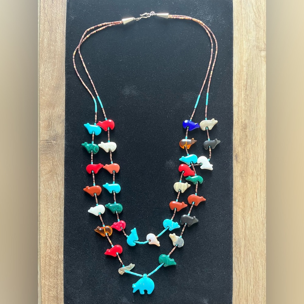 Multicolor Shaped Earth Stones Double Stranded Beaded Handmade Fetish Necklace